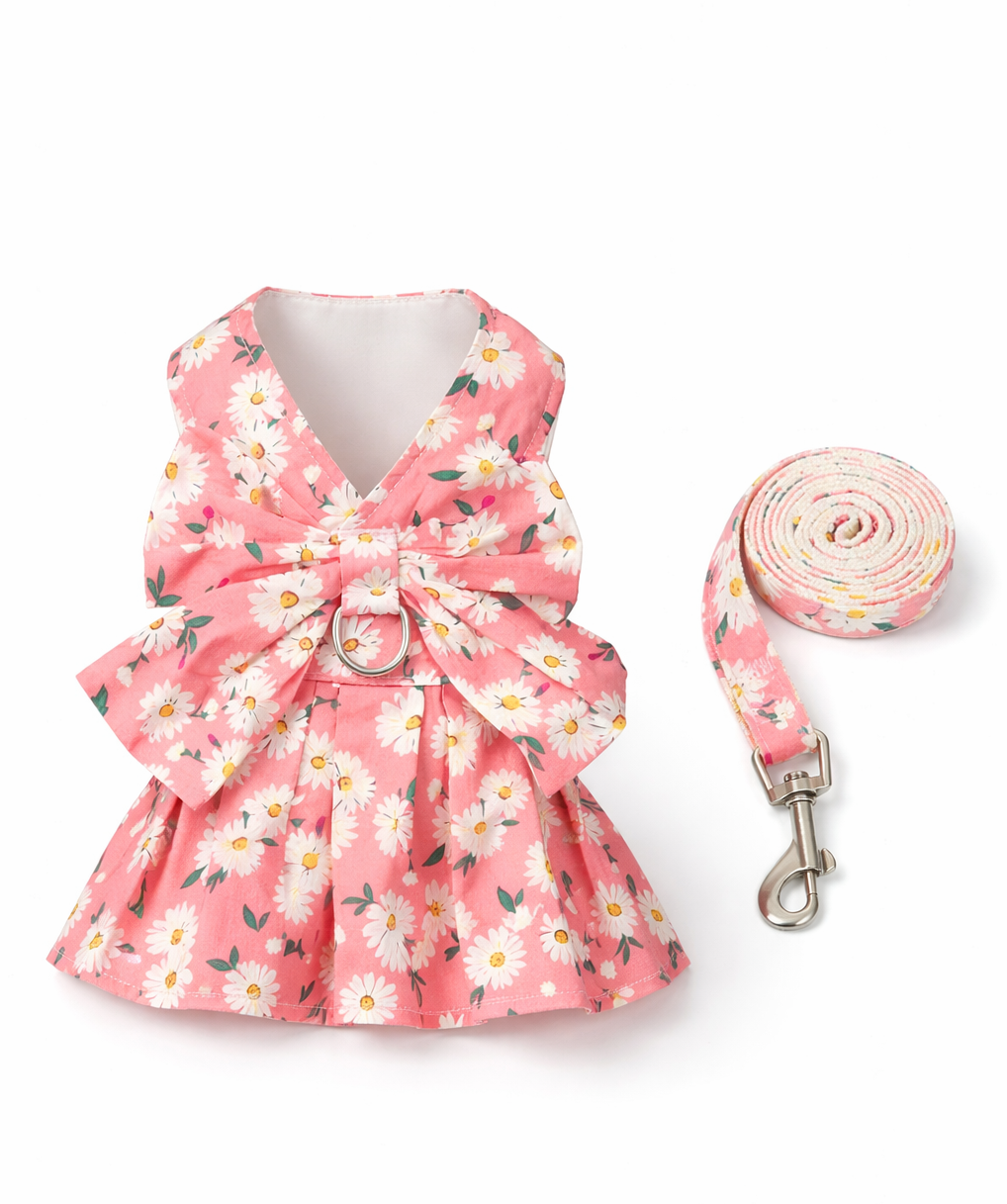 summer dog dress harness, dog harness dress with leash, floral dog harness, cute dog dress India, pet dress harness set, breathable dog harness summer, stylish dog outfit, small dog dress harness, dog leash and harness set, designer pet wear India, bow dog dress harness, dog walking outfit cute, pet clothing India, floral pet harness dress