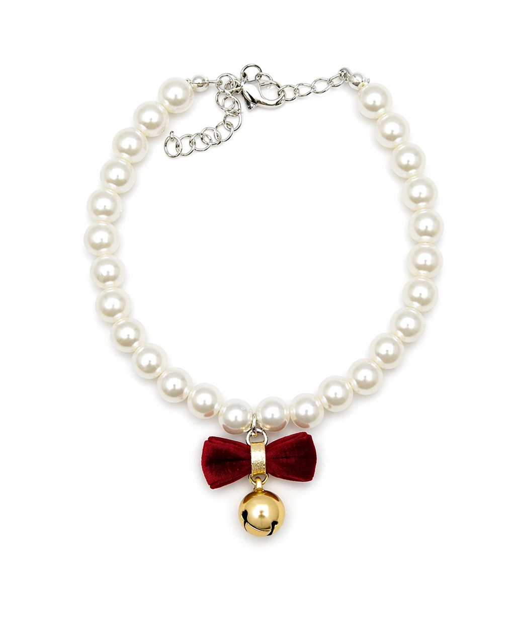 Haus of Pet Pearl Bow Collar with Gold Bell – Adjustable Luxury Pet Necklace