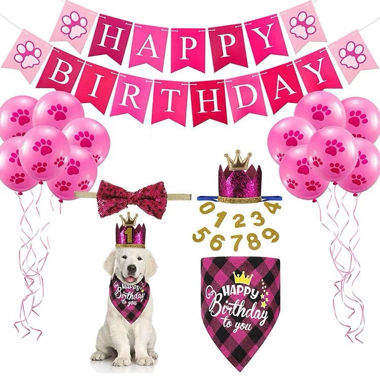 Haus of Pet Birthday Decoration Kit – Complete Party Set for Dogs (Banner, Balloons, Bandana & Hat)