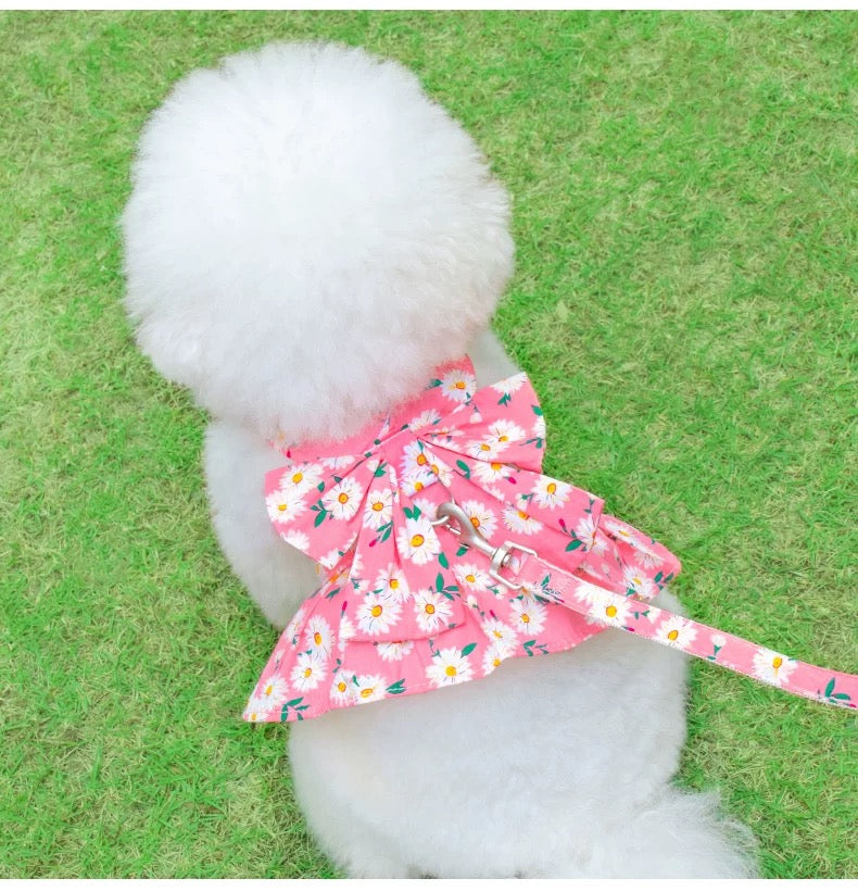 summer dog dress harness, dog harness dress with leash, floral dog harness, cute dog dress India, pet dress harness set, breathable dog harness summer, stylish dog outfit, small dog dress harness, dog leash and harness set, designer pet wear India, bow dog dress harness, dog walking outfit cute, pet clothing India, floral pet harness dress